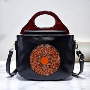 Black Mandala Wood Handle Boho Crossbody Bag Handcrafted Ethnic Shoulder Purse